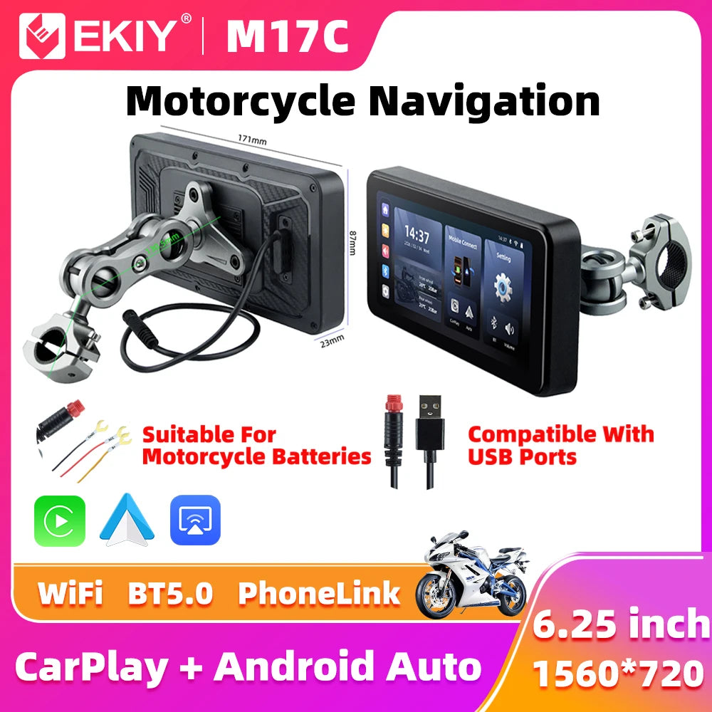 EKIY 6.25" Wireless CarPlay Moto Android Auto Portable Digital Motorcycle Dashboard GPS Navigation Display Screen TPMS Monitor