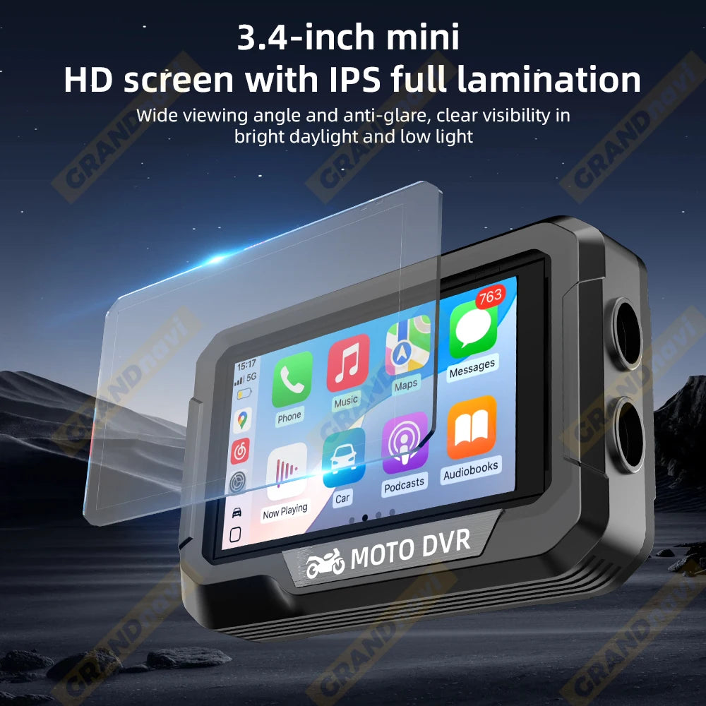 Portable 3.4 inch Motorcycle GPS Navigation Wireless Carplay Android Auto DVR Drive Recorder Moto Monitor WIFI IP67 Waterproof