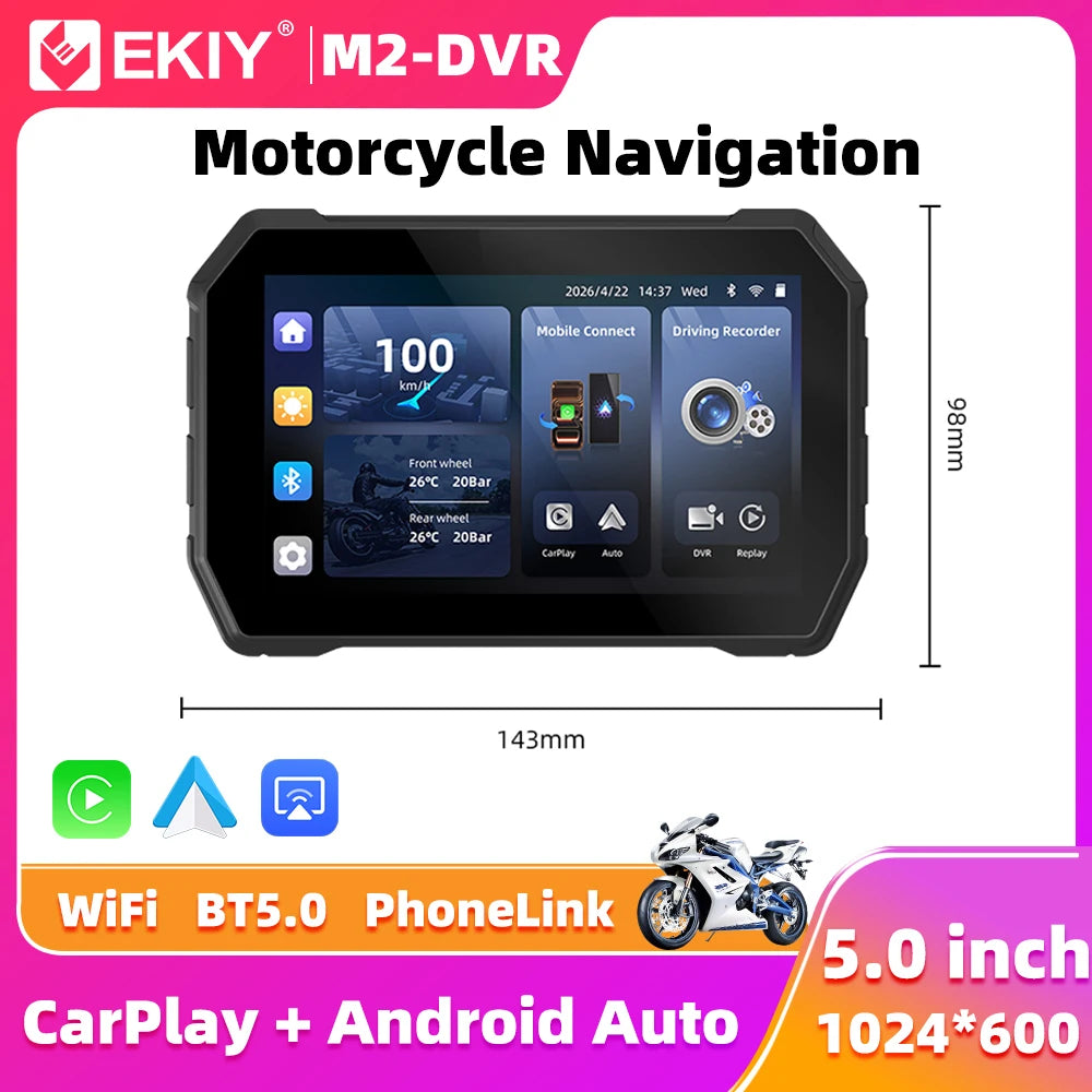 EKIY 5.0" Wireless CarPlay Moto Android Auto Portable Digital Dashboard GPS Motorcycle Navigation Display Screen TPMS Dashcam