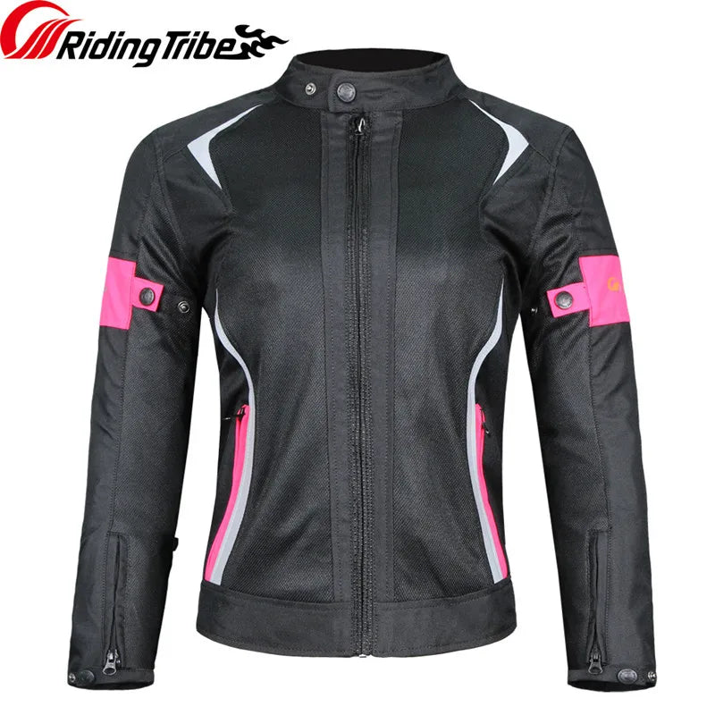 Woman Motorcycle Jacket Summer Breathable Motorbike Riding Armor Coat with 5pcs Protective Pads and Waterproof Liner JK-52