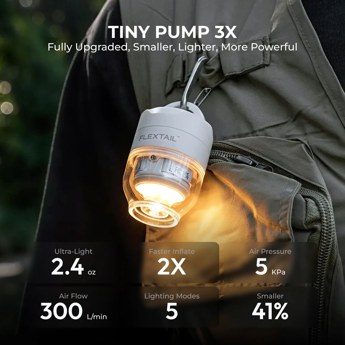 FLEXTAIL TINY PUMP 3X - 5kPa Ultra-Light Portable Air Pump, 5-Mode Camping Light, Multi-Use for Camping & Travel