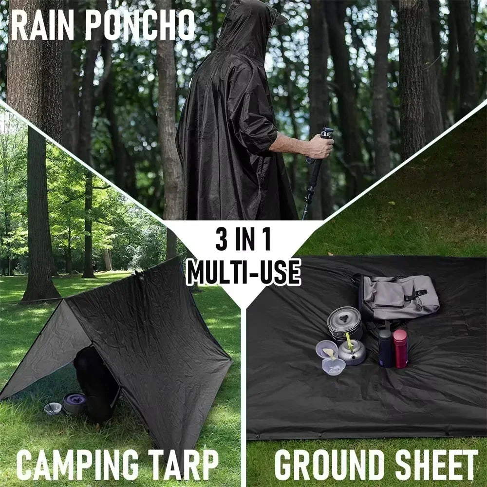 3-in-1 Outdoor Military Raincoat with Hood Waterproof Sleeve Rain Poncho Motorcycle Cover Camping Hiking Travel Rainwear Tent