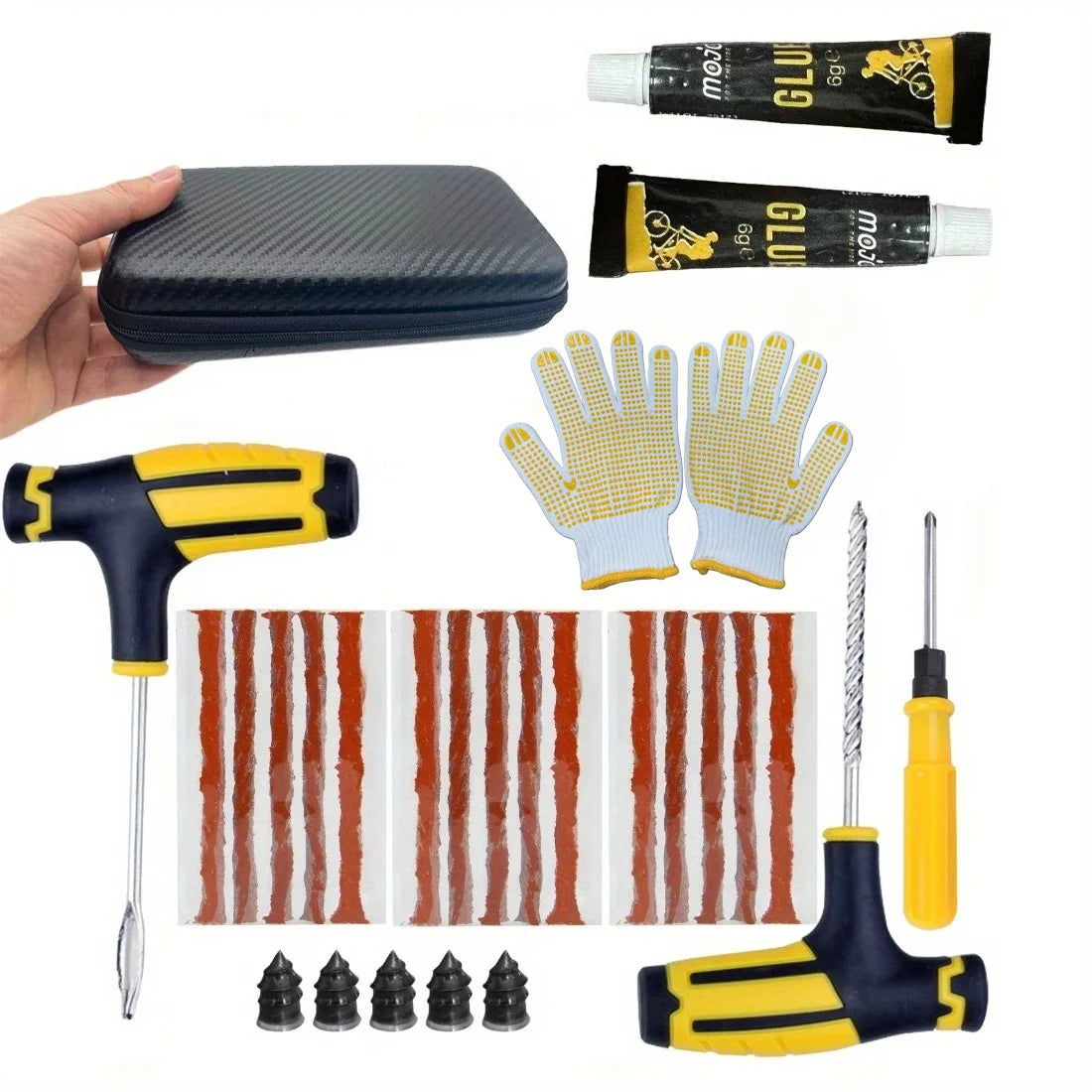 Portable Car Tire Puncture Repair Kit T-Handle Tools Glue Strips Universal for Truck Motorcycle RV Roadside Safety