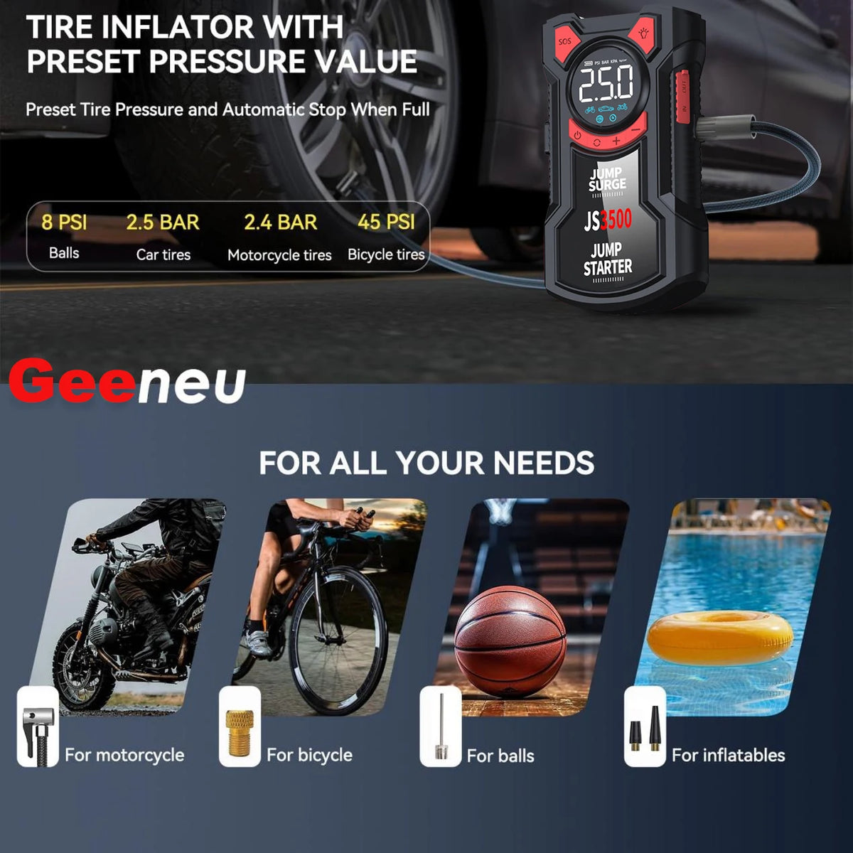 PAIVIROKU Car Jump Starter Air Compressor with Power Bank Portable Electric Pump Battery Booster 12V Jump Box with Flashlight