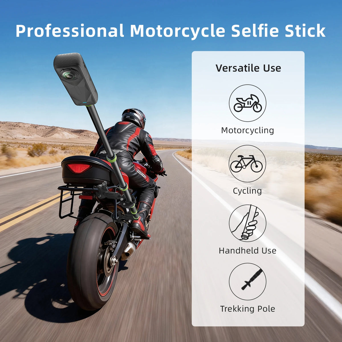 AMagisn Motorcycle Selfie Stick 110cm 150cm Telescopic Extension Pole for GoPro Insta360 DJI Action Camera Cycling Mount