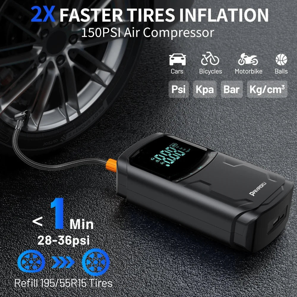 Car Jump Starter with Air Compressor Peak 5000A Auto Battery Booster 150PSI Air Pump Portable Power Bank Tire Inflator Lighting