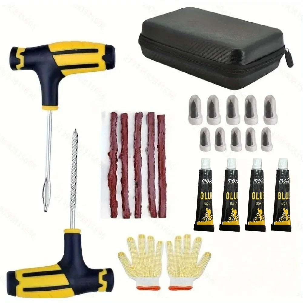 Portable Car Tire Puncture Repair Kit T-Handle Tools Glue Strips Universal for Truck Motorcycle RV Roadside Safety