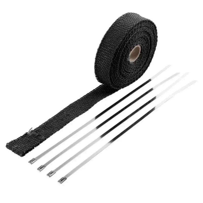 5M Roll Fiberglass Heat Shield Motorcycle Exhaust Thermal Tape Header Pipe Heat Wrap Tape Thermal Protection with Stainless Ties