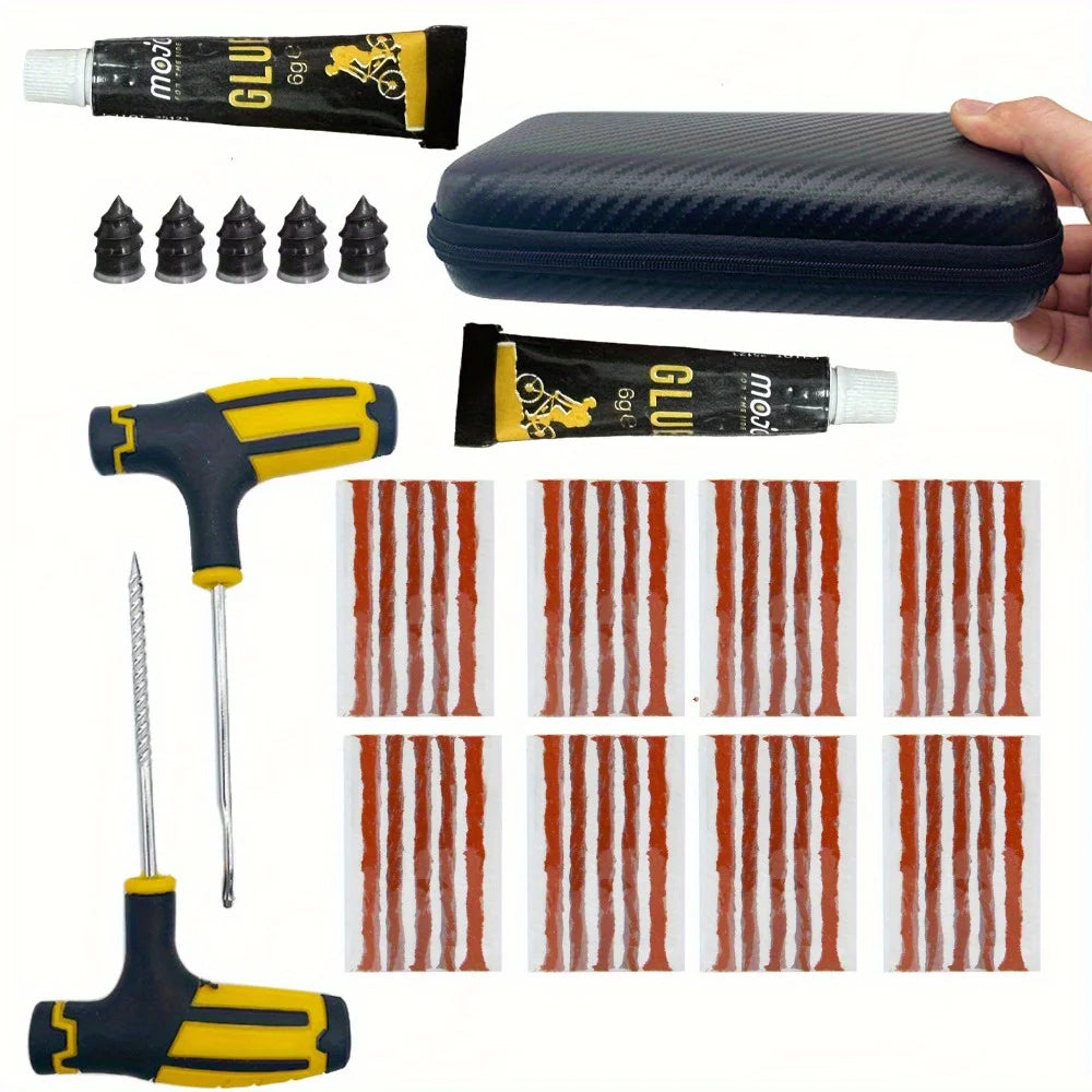Portable Car Tire Puncture Repair Kit T-Handle Tools Glue Strips Universal for Truck Motorcycle RV Roadside Safety