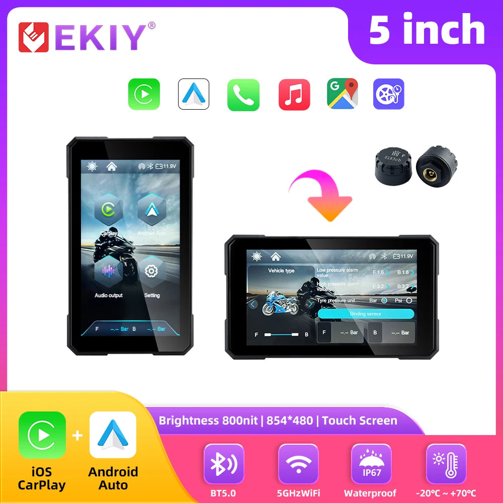 EKIY 5 Inch Motorcycle Carplay GPS WiFi MOTO Navigation Wireless CarPlay Wireless Android Auto Motor Rotating Screen
