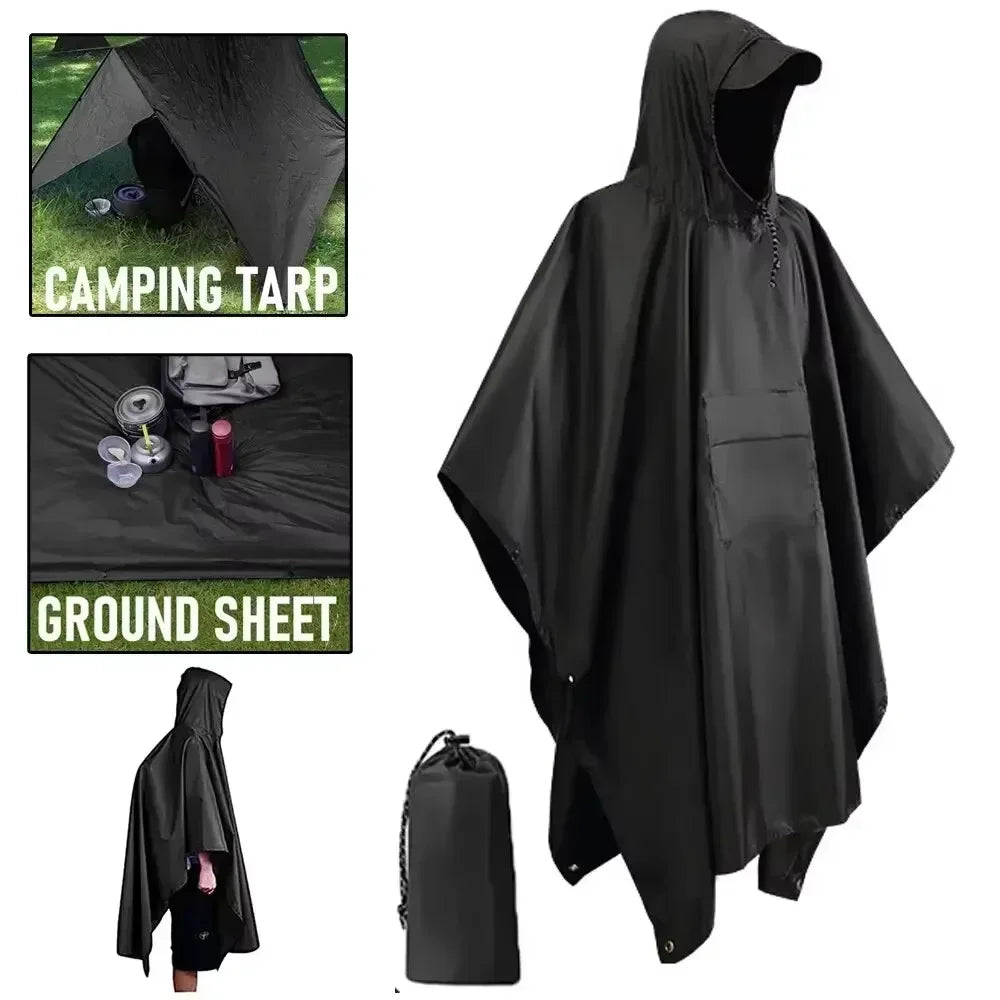 3-in-1 Outdoor Military Raincoat with Hood Waterproof Sleeve Rain Poncho Motorcycle Cover Camping Hiking Travel Rainwear Tent