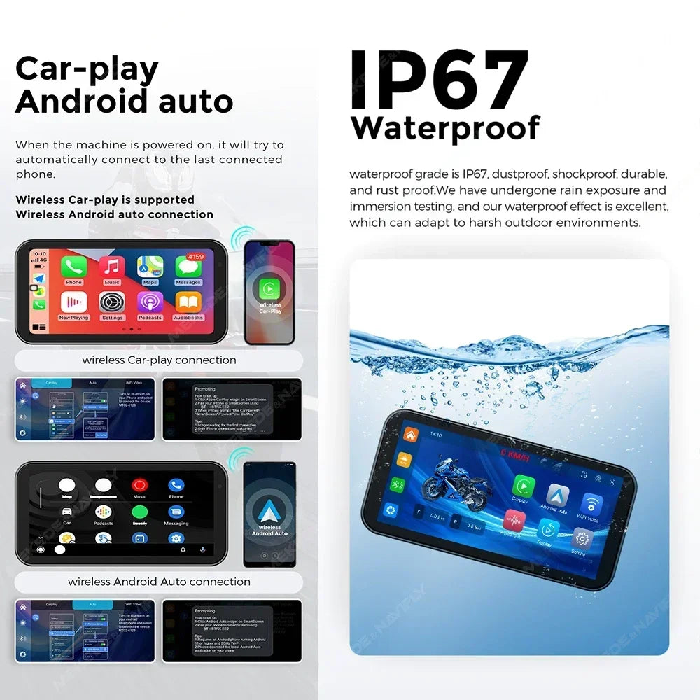 NaviFly 6.25" Motorcycle Wireless CarPlay Moto Android Auto Portable Digital Dashboard Navigation Display Optional DVR TPMS