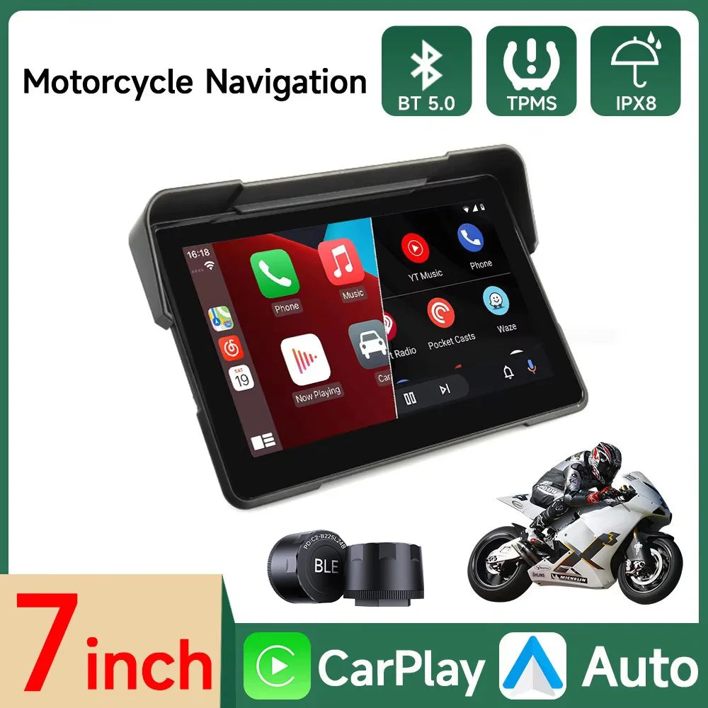7"Motorcycle Multimedia Player GPS Navigation Recorder Wireless CarPlay Android Auto IP67 Waterproof Screen Bluetooth 2024 New