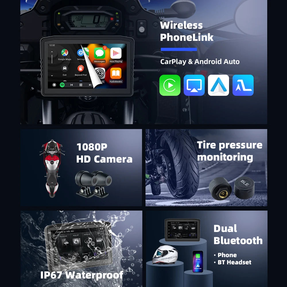 EKIY 6.25" Wireless CarPlay Moto Android Auto Portable Digital Dashboard Anti Theft Removable Screen GPS Motorcycle Navigation