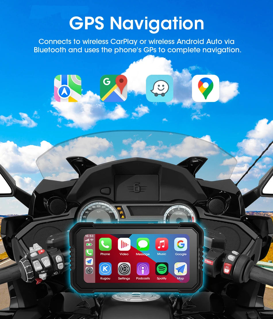 Jansite Portable 6.25" Motorcycle GPS Navigation Wireless Carplay Android Auto DVR Drive Recorder Moto Monitor IPX7 Waterproof