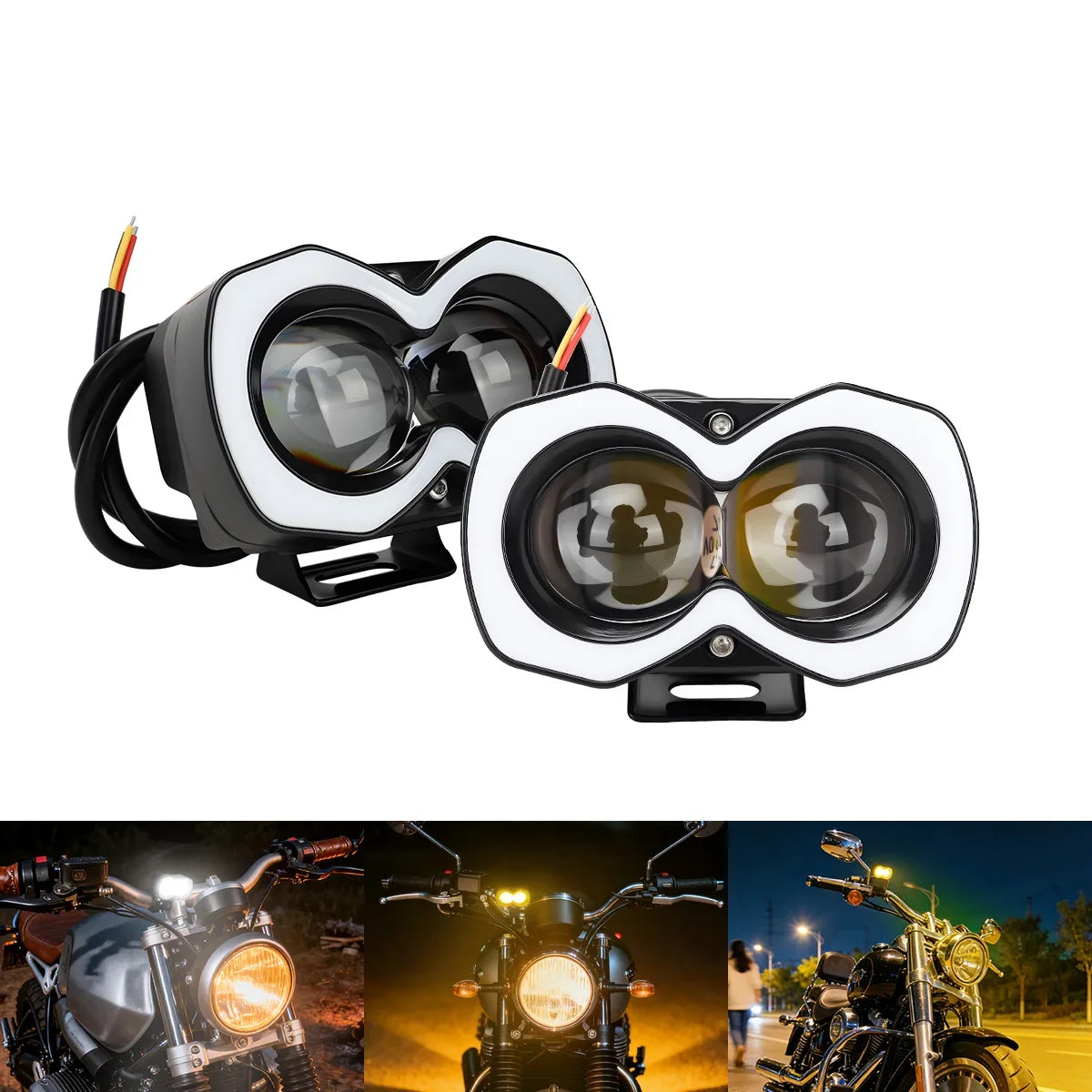1pc Motorcycle LED Spotlight 2/3/4 Lens Dual Color White Yellow Warning Flash Lamp RGB Aperture Moto Headlamp LED Driving Lights
