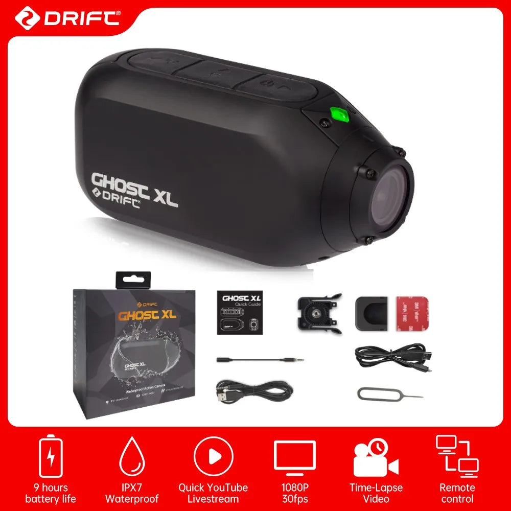 Drift Ghost XL Sport Action Camera 1080P WiFi 9 Hours Battery Life IPX7 Waterproof Wearable Live Stream Vlog Motorcycle Bicycle