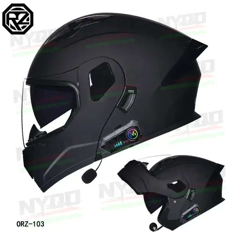 ORZ Motorcycle Dual-Lens Helmet for Men Women Bluetooth Full Helmet All Seasons Flip Helmet with Tail Wing DOT Certification