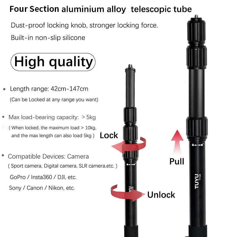 TUYU 56inch Premium Telescopic Adjustable Photography Aluminum Alloy Selfie Stick for Insta360 X3 GoPro 12 11 Motorcycle Camera