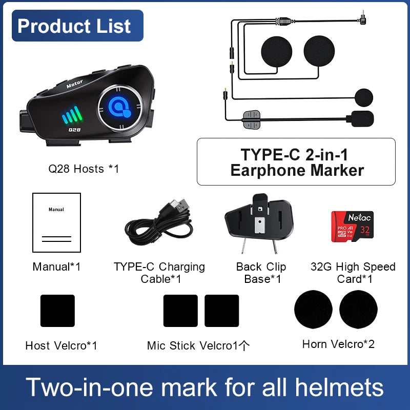 Q28 Motorcycle Helmet Headset Bluetooth Hands Free Call Waterproof Heaphone Wireless 1080P Video Dashcam TF Card as gift