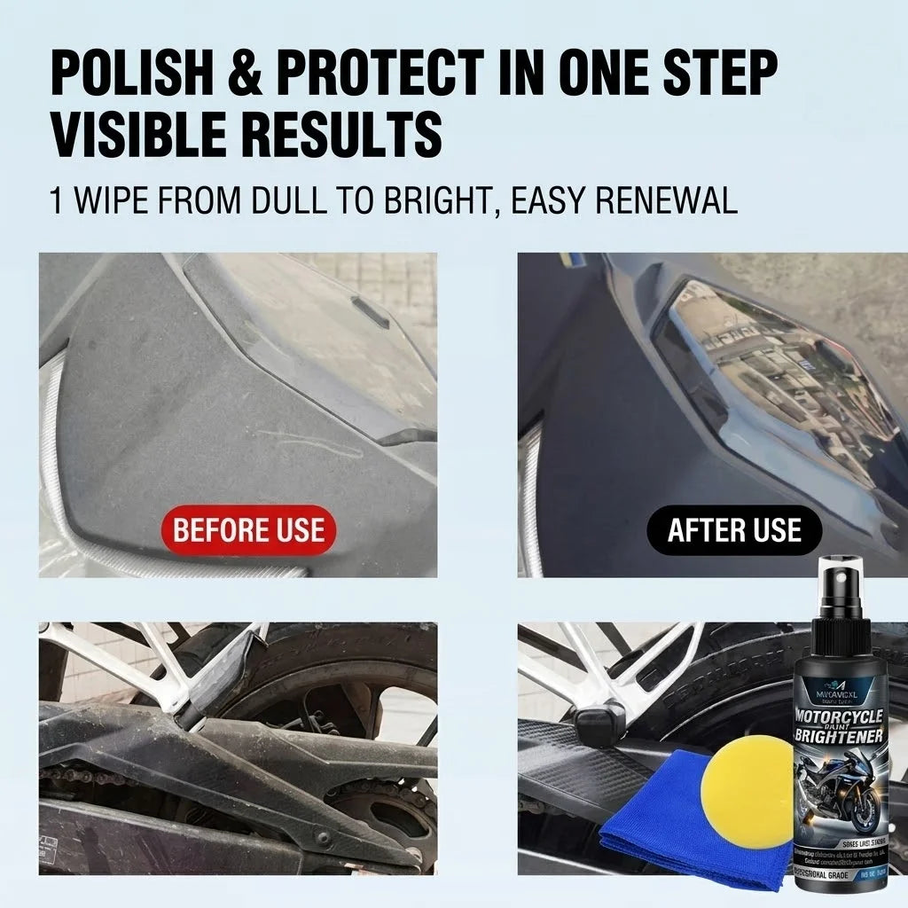 MIRAVEXL Motorcycle Paint Brightener Spray - Professional Polish & High GlossCoating Kit with Large Sponge & Microfiber Cloth