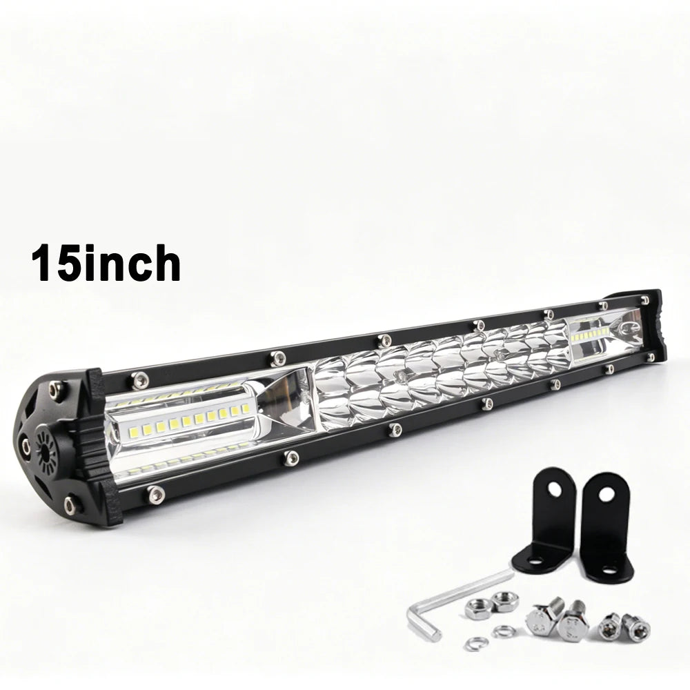 15-inch LED light bar, bright light, comes with multiple LED bulbs and a mounting bracket, black finish, mainly used for off-road vehicles, trucks, ATVs, UTVs, boats, and tractors