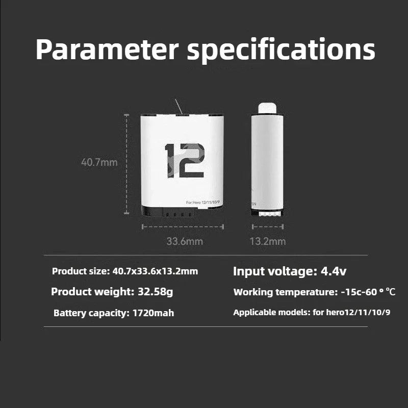3.85V 1720mAh Low-Temperature Pocket Battery for GoPro Camera 9 10 11 12 Replace Rechargeable Battery Accessories