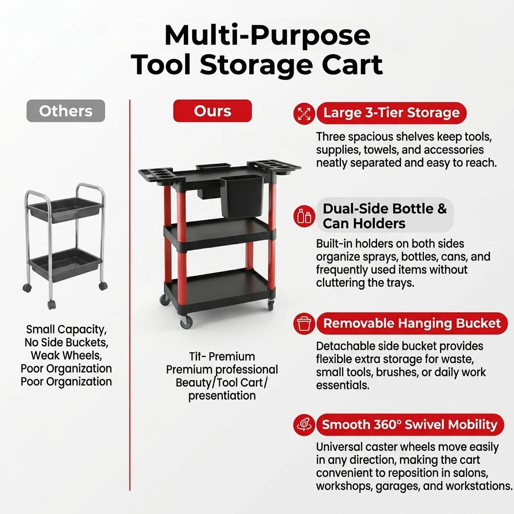 3 Tier Rolling Tool Storage Cart Multi Purpose Mobile Utility Organizer Trolley with Side Bottle Holders Detachable Bucket 360° Swivel Wheels for Car Detailing Garage Workshop Salon Use