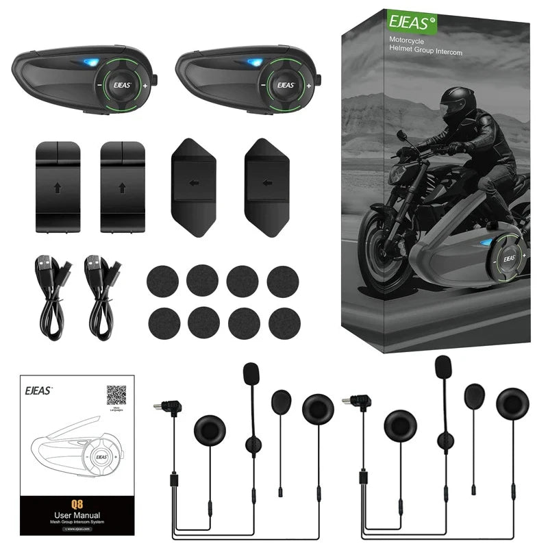 EJEAS Q8 Motorcycle Mesh Intercom with EUC Remote Walkie Talkie Bluetooth Interphone Headset for 6 Riders with Bluetooth 5.1