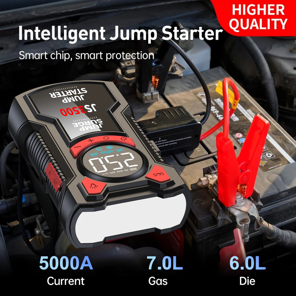 PAIVIROKU Car Jump Starter Air Compressor with Power Bank Portable Electric Pump Battery Booster 12V Jump Box with Flashlight