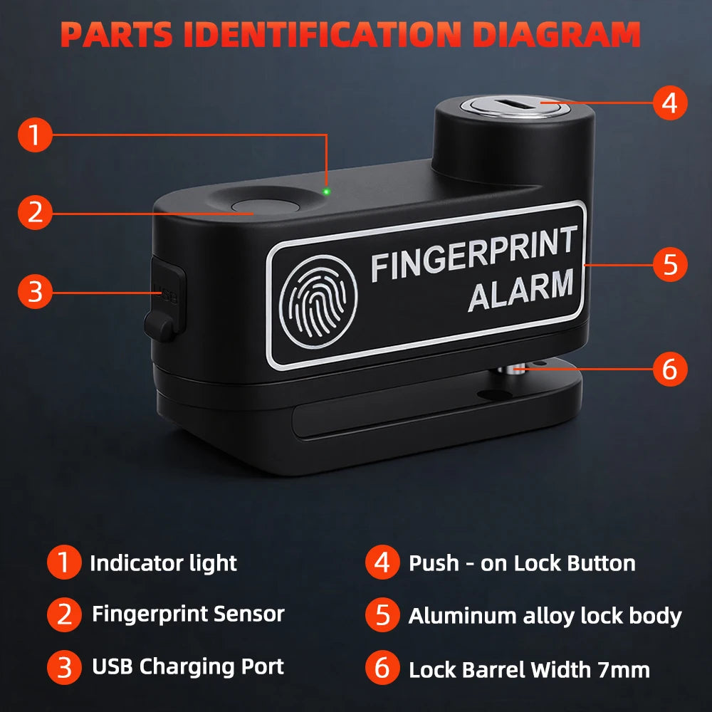 Disc Brake Lock 120dB Fingerprint Motocycle Alarm with Keys Anti-theft Lock Rechargeable Motorbike Accessories