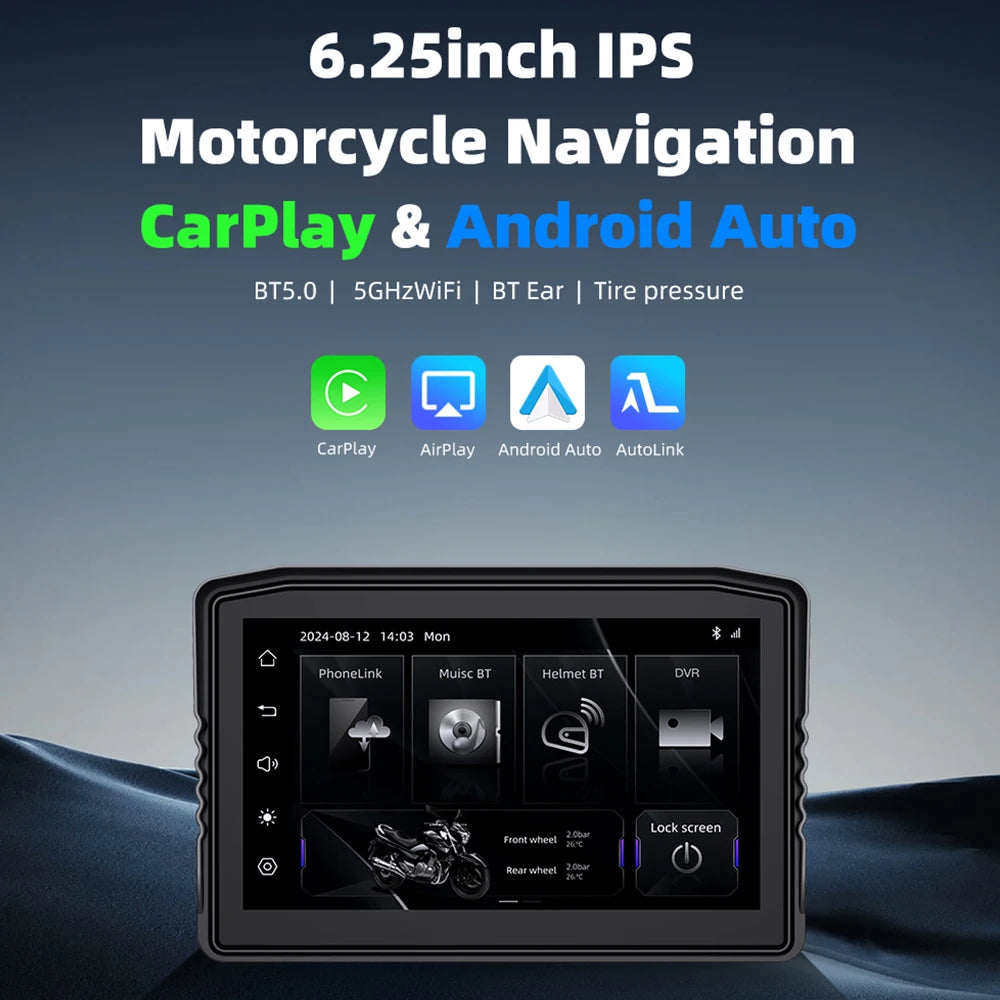 EKIY 6.25" Wireless CarPlay Moto Android Auto Portable Digital Dashboard Anti Theft Removable Screen GPS Motorcycle Navigation