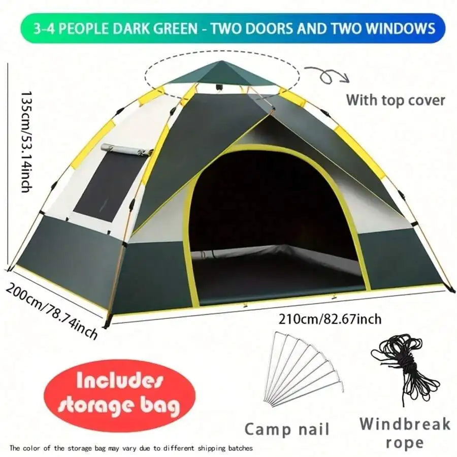 Automatic Instant Setup Camping Tent, 1-3/3-4 Person All-Season Tent With Dual Doors & Mesh Windows, Windproof Lightweight Green