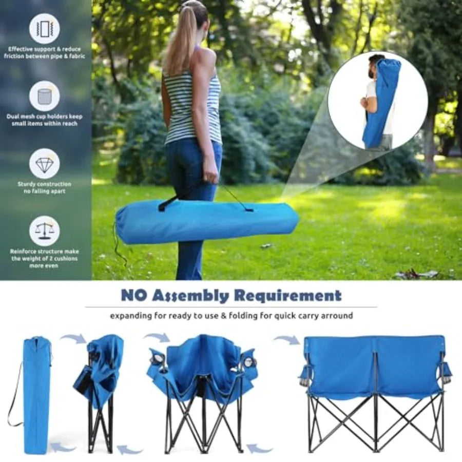 Folding Camping Chair, Double Seat Foldable Camp Chair for 2 Persons, Portable and Large for Outdoor Fishing, Hiking, Travel, P