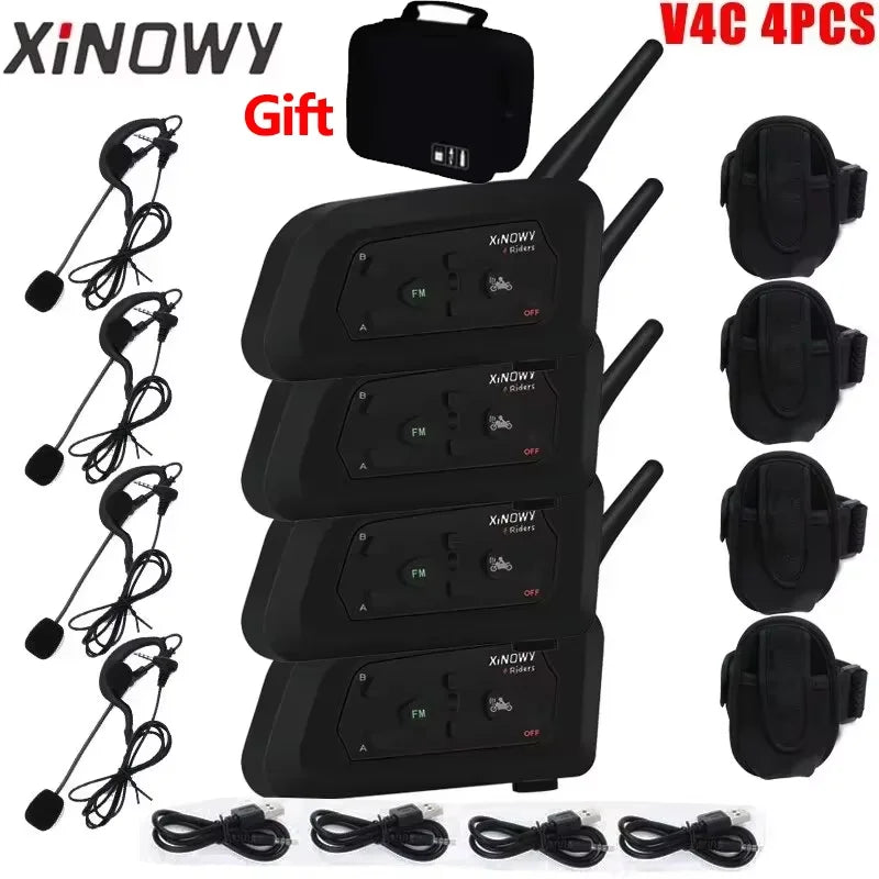 XiNOWy 4PCS V4C Referee Headset Bluetooth Intercom Full Duplex 1200M Football Soccer Earhook Earphone Interphone with Handbag