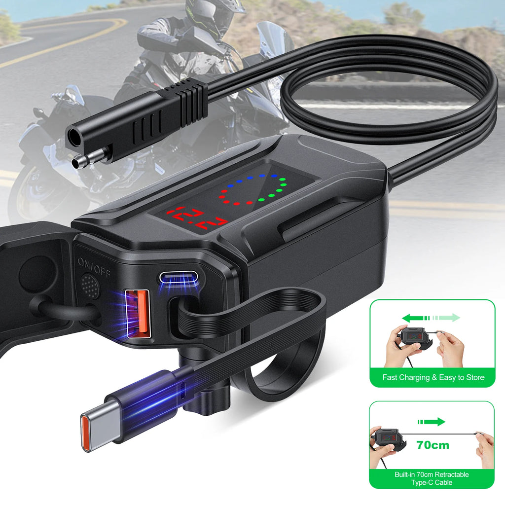 USB Type-C PD Fast Charger Waterproof Motorcycle Phone Charger Handlebar Mount Quick Charger Adapter with Voltmeter
