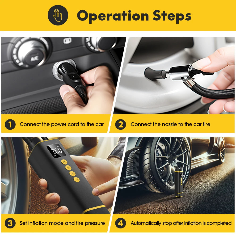 CARSUN 12V Wired Mini Portable Air Compressor 150PSI Digital Tire Inflator Smart LED Auto Shut-off CE for Car E-Bike Moto Balls