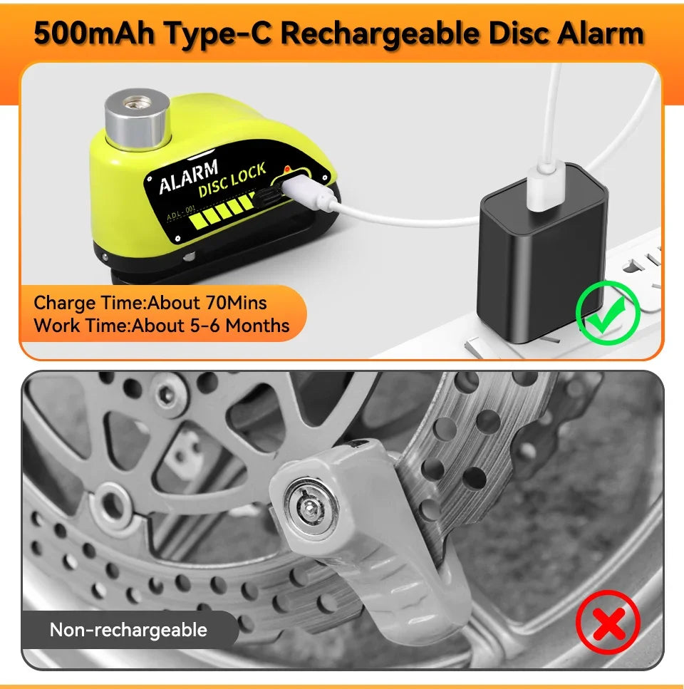 Anchtek Motorcycle Rechargeable Disc Lock Alarm 120db Bicycle Anti-theft Padlock Security Protection Bike Motorbike Accessories