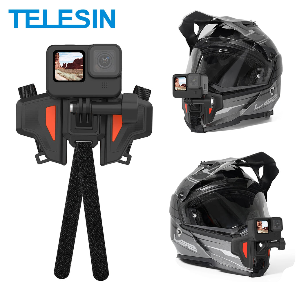 TELESIN Motorcycle Helmet Mount Strap Flodable Front Chin Mount for GoPro 13 12 11 10 9 DJI Osmo Action3 Insta360 Accessories