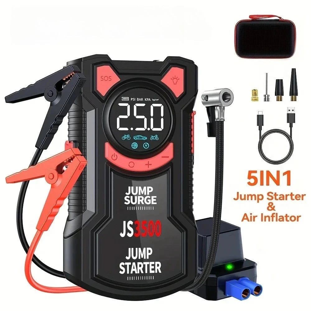 PAIVIROKU Car Jump Starter Air Compressor with Power Bank Portable Electric Pump Battery Booster 12V Jump Box with Flashlight