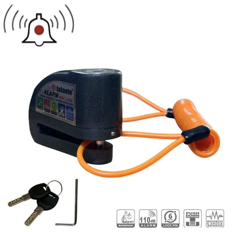 Motorcycle Bicycle Lock Alarm Safety Protection Padlock Disc Aluminum Alloy Anti-Theft Reminder Rope Lock Bag +Spare battery