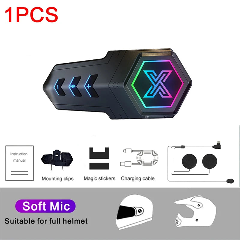 X20 Moto Helmet Bluetooth Headset, Bluetooth 5.3 Stereo Sound, RGB LED Light, IPX6 Waterproof Dustproof for Motorcycle Riding