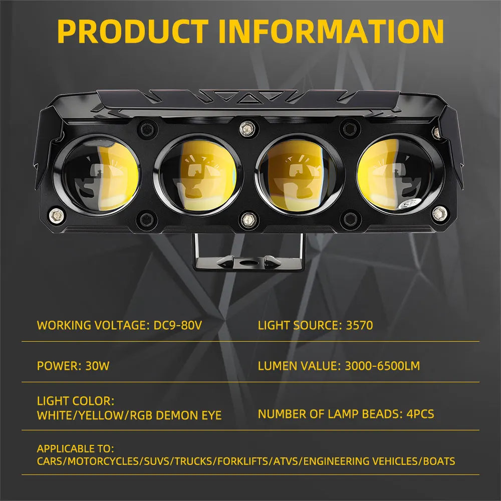 1/2x Motorcycle LED Spotlight Dual Color Hi/Low Beam RGB Halo Fog Lamp for Car SUV UTV 12V 4 Mini Lens Headlight Driving Light