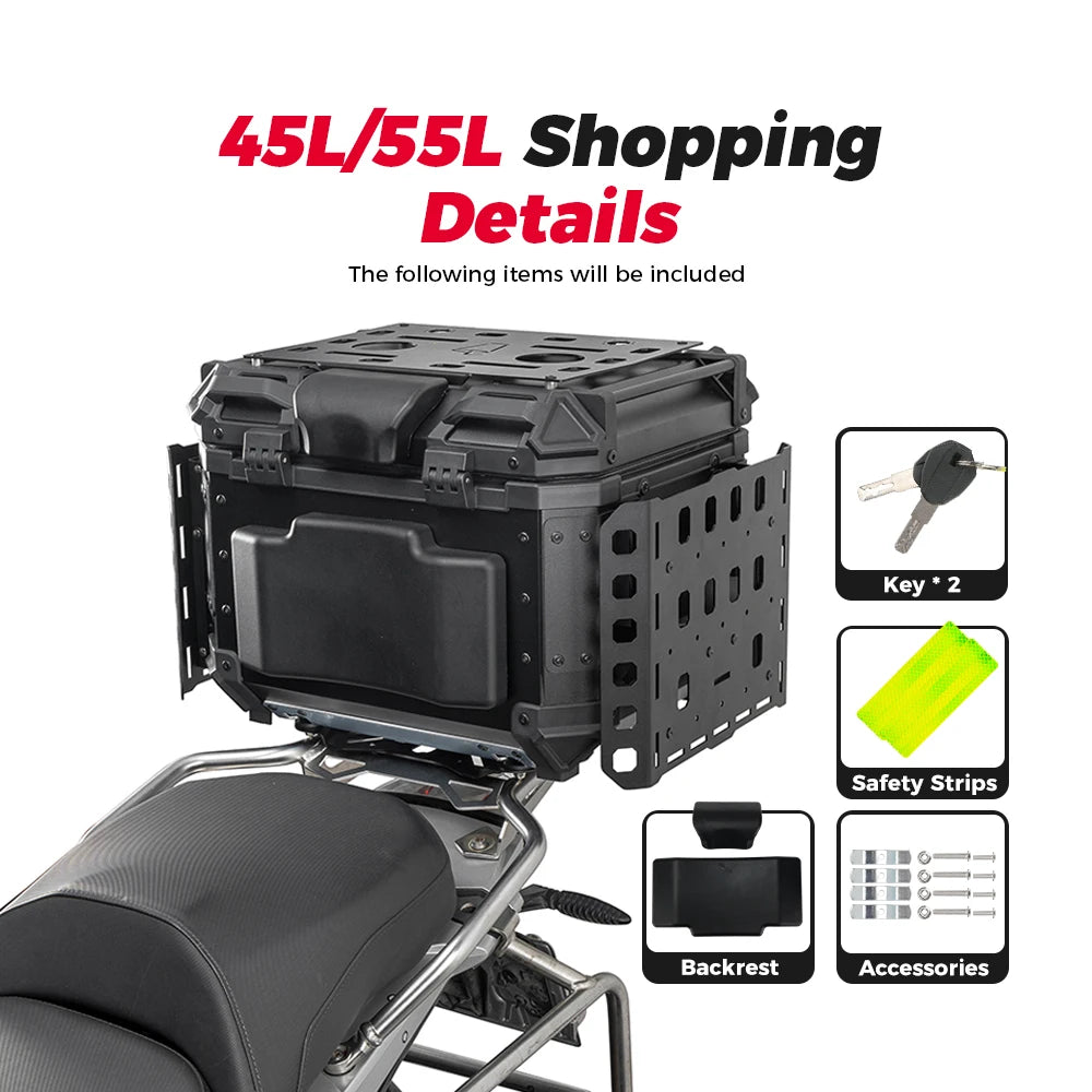 KEMIMOTO Motorcycle Tactical CNC Aluminum Top Tail Rear Luggage Cases Trunk with Panel Organizer Modular Storage Helmet Box