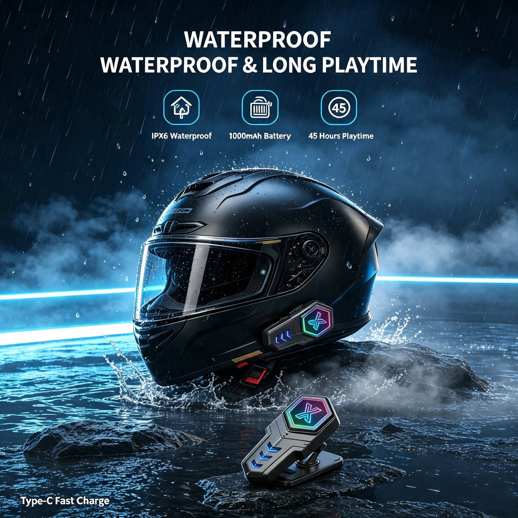 X20 Moto Helmet Bluetooth Headset, Bluetooth 5.3 Stereo Sound, RGB LED Light, IPX6 Waterproof Dustproof for Motorcycle Riding