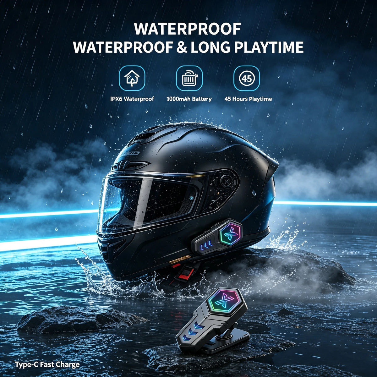 X20 Moto Helmet Bluetooth Headset, Bluetooth 5.3 Stereo Sound, RGB LED Light, IPX6 Waterproof Dustproof for Motorcycle Riding