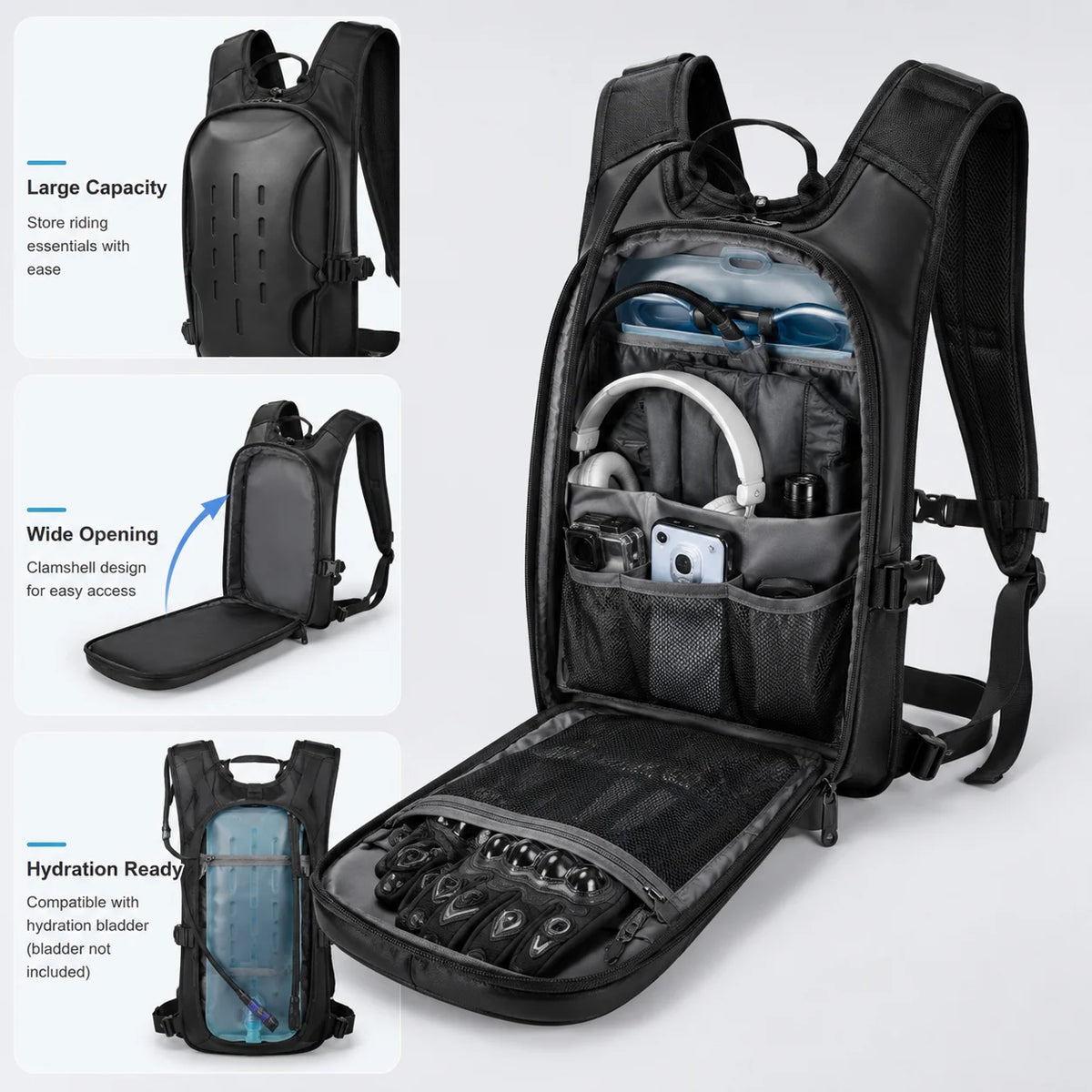 ALBERS Motorcycle Backpack Reflective Hydration Pack Large Capacity Water Resistant Outdoor Touring Rear Seat Bag Black