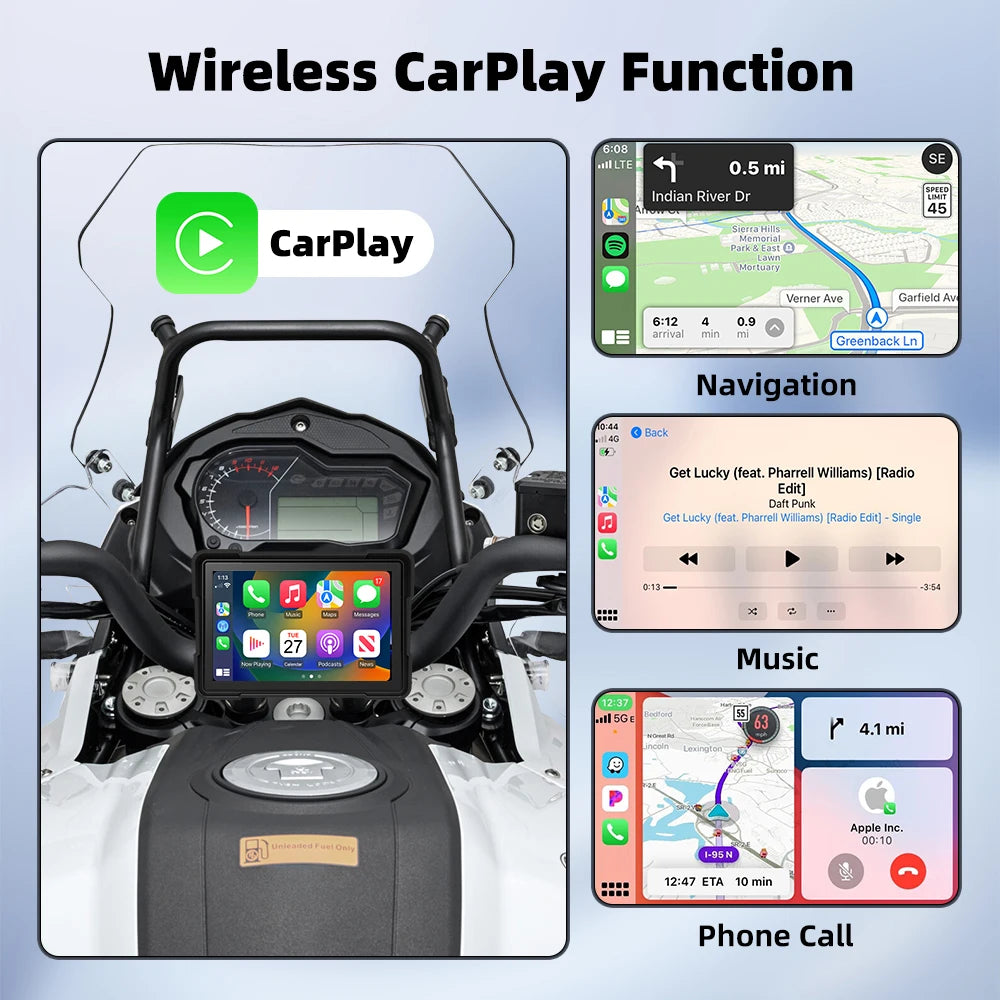 EKIY 5.0 inch Wireless CarPlay Moto Android Auto Portable Digital Motorcycle Dashboard GPS Navigation Display Screen Monitor