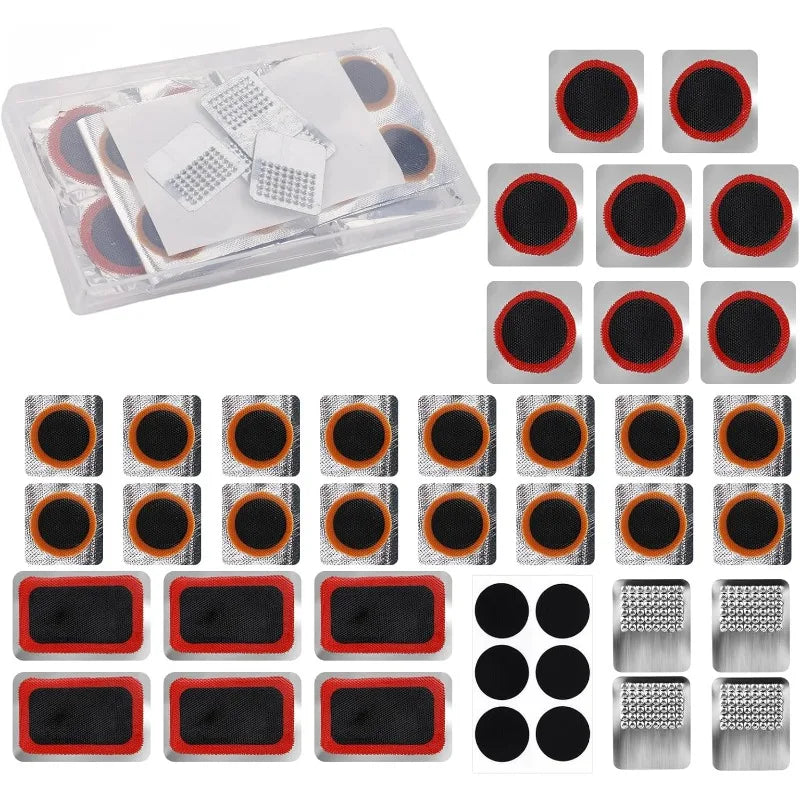 Bike Tire Repair Kit with Vulcanizing Patches, Pre Glued Patches Vulcanizing Fluid, Metal Rasp for Cycling Motorcycle Bicycle