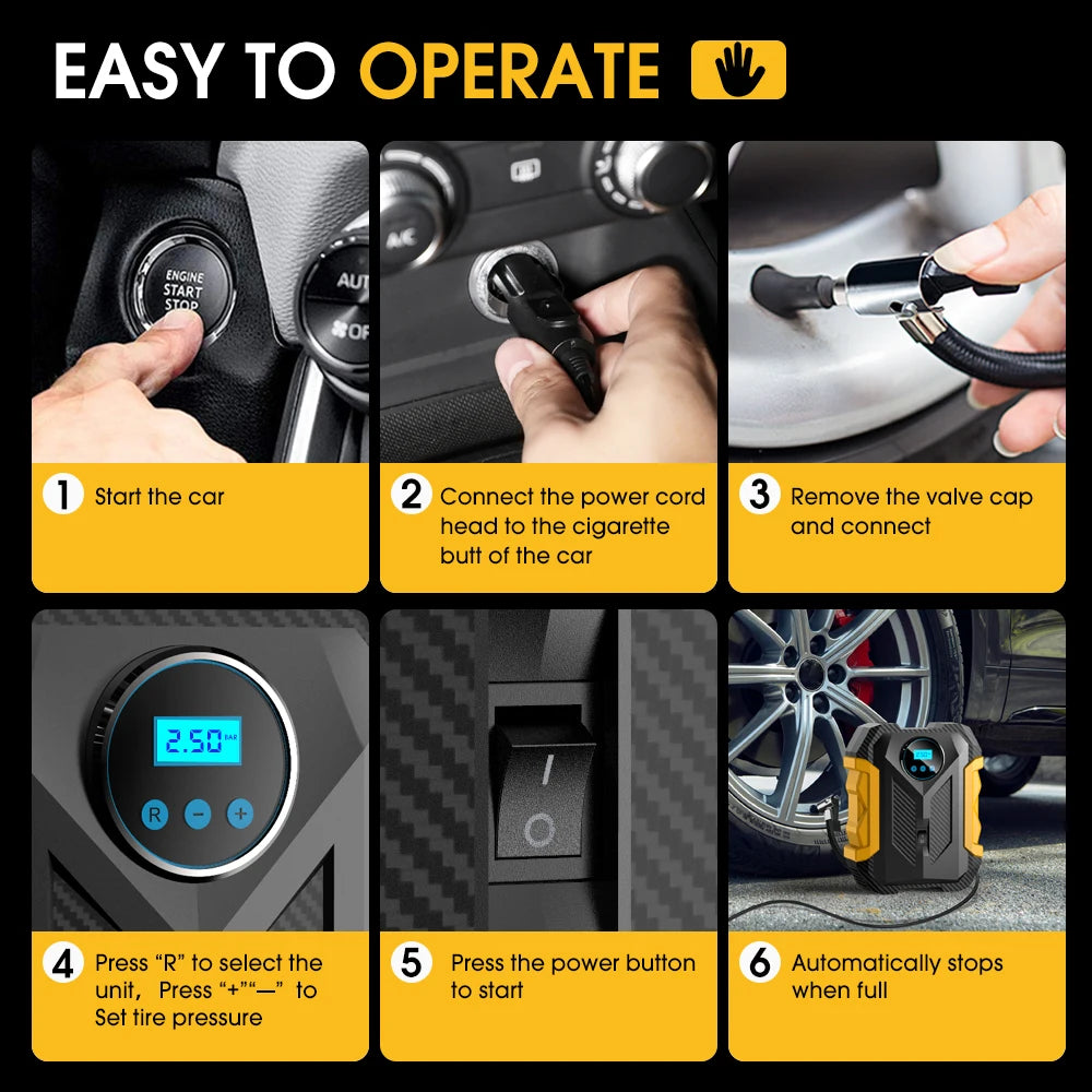 Carsun 12V Mini Portable Air Compressor 35L/Min 150PSI Digital Tire Inflator LED Light Auto Shut-Off Car Motorcycle Tires